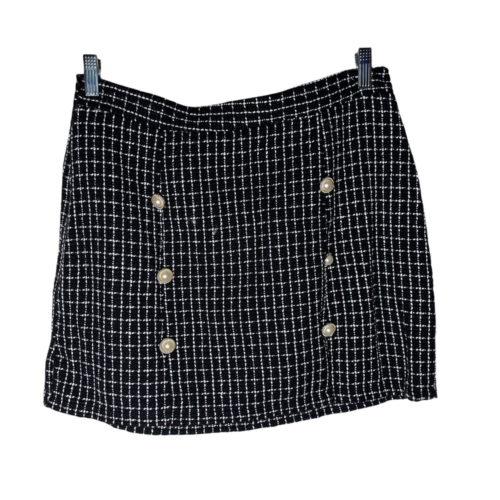 SHEIN Black White Plaid Tweed Mini Skirt with Pearl Buttons Size‎ XL